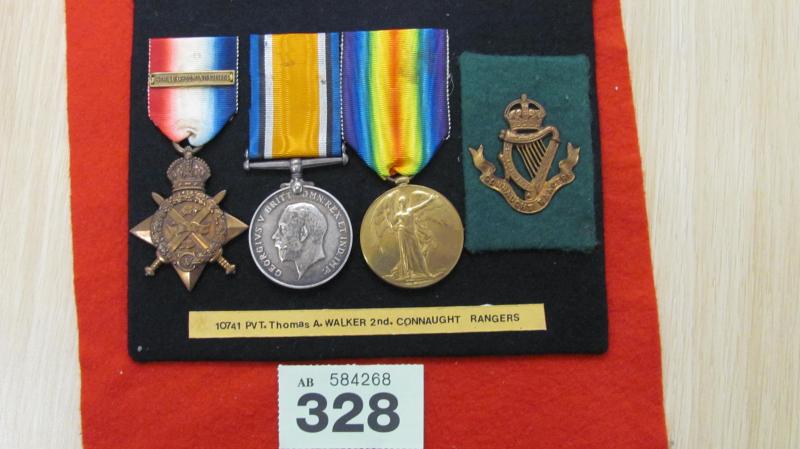 Connaught Rangers WW1 14 Star/Bar Trio to Pte T.A Walker